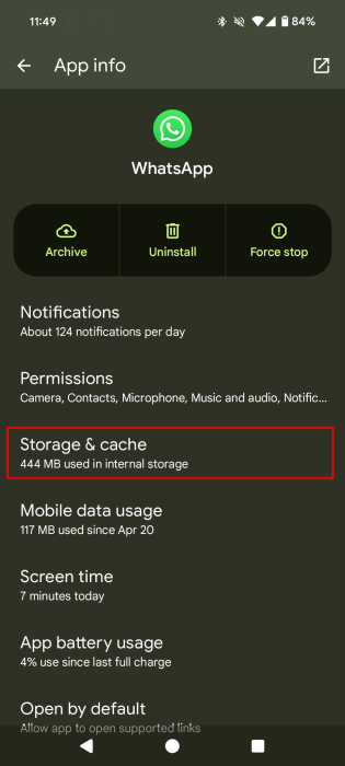 Tapping on "Storage & cache" option in WhatsApp settings on Android. 