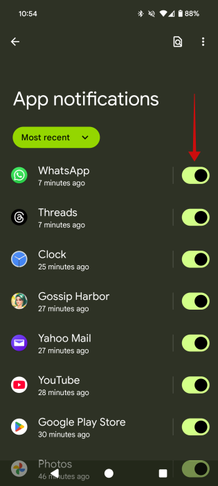 Checking to see if notifications for WhatsApp on Android are enabled.