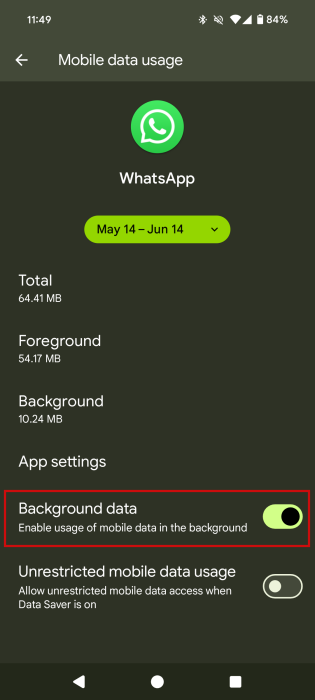 Tapping on "Background data" option in WhatsApp settings on Android.