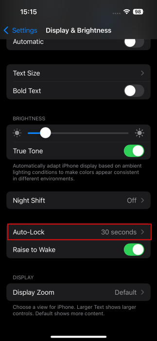 Pressing on "Auto-Lock" feature in iPhone Settings. 