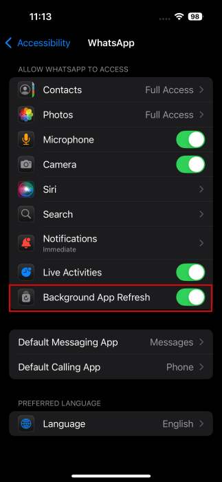 Enabling "Background App Refresh" option in WhatsApp settings on iPhone. 