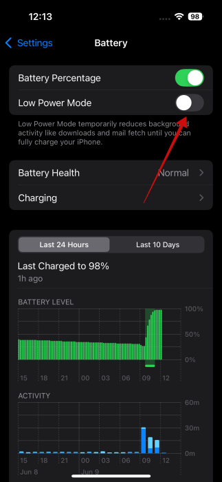 Toggling off "Low Power Mode" on iPhone. 