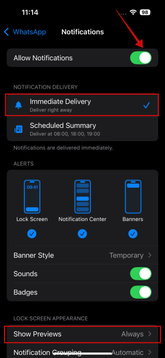 Switching to "Immediate Delivery" for WhatsApp notifications on iPhone. 
