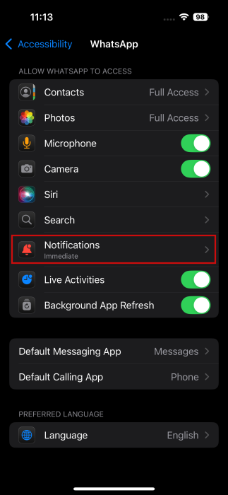 Tapping on "Notifications" for WhatsApp Settings on iPhone. 
