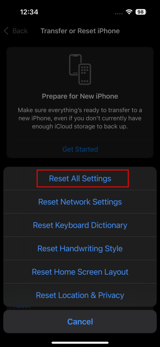 Tapping on "Reset All Settings" option in iPhone Settings. 
