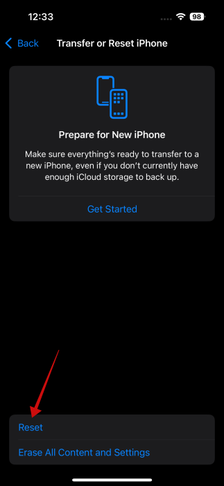 Tapping on "Reset" option in iPhone Settings. 