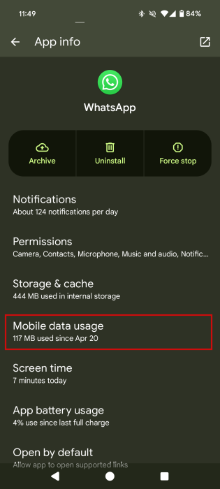 Tapping on "Mobile data usage" option in WhatsApp Settings on Android.