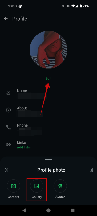 Pressing "Edit" button for profile picture in WhatsApp app on Android.