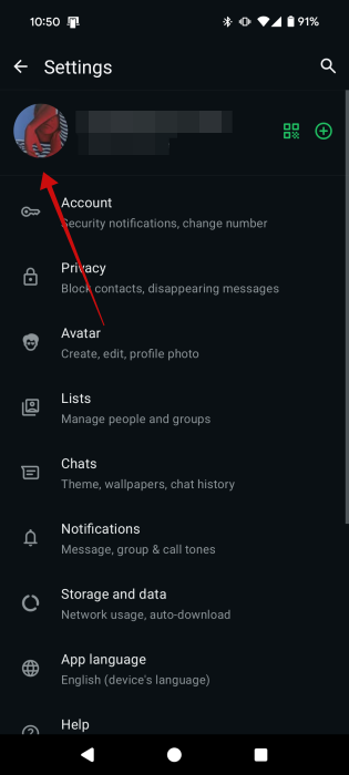 Pressing on profile picture in WhatsApp settings on Android.