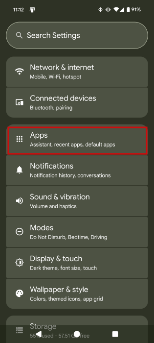 Tapping on "Apps" in Android settings.