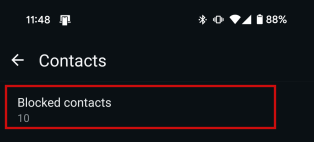 Selecting "Blocked contacts" in Whatsapp on Android.