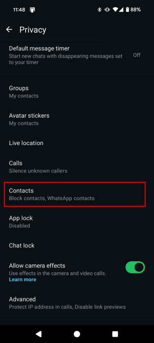 Selecting "Contacts" under "Privacy" in WhatsApp settings on Android.