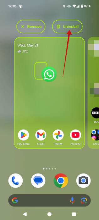 Uninstalling WhatsApp on Android.