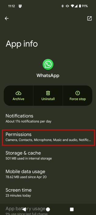 Accessing "Permissions" in WhatsApp App info on Android.