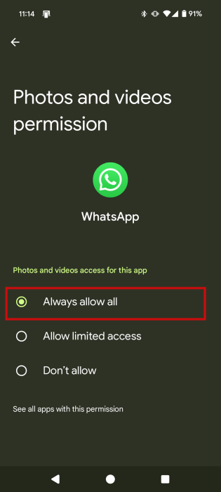 Switching permission access for WhatsApp to "Always allow all" on Android.
