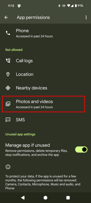 Tapping on "Contact"s or "Photos & videos" under "Not Allowed" in "Permission" settings for WhatsApp on Android.