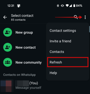 Refreshing contacts in WhatsApp on Android.