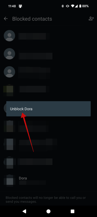 Unblocking contact in WhatsApp on Android.