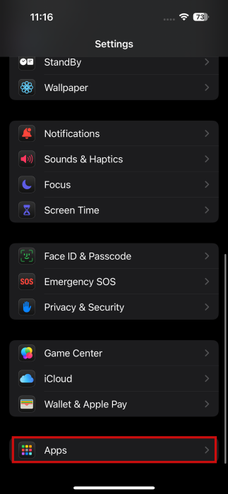 Selecting "Apps" in iOS settings.