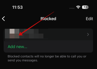 Selecting blocked contact in WhatsApp on iPhone.