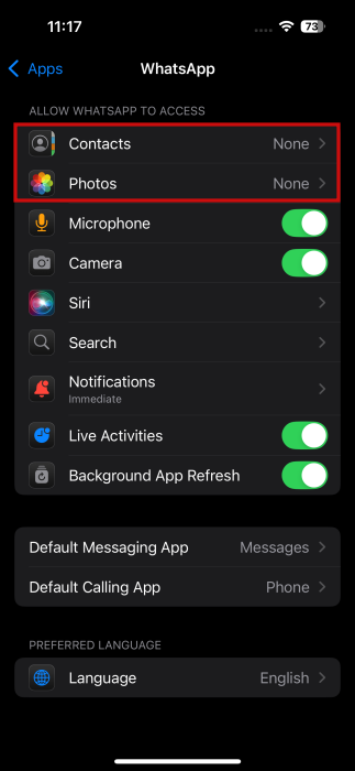 Accessing both "Contacts" and "Photos" in WhatsApp settings on iPhone.