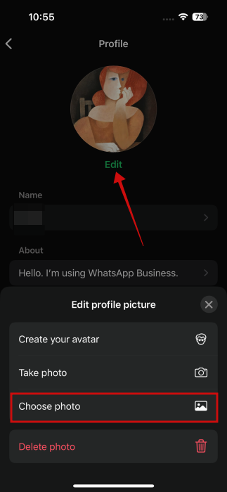Pressing "Edit" for profile picture in WhatsApp app on iPhone.