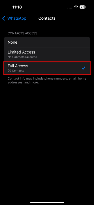 Granting "Full Access" permission for WhatsApp to access Contacts on iPhone.