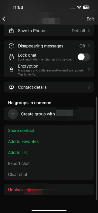 Unblocking contact in WhatsApp on iPhone.