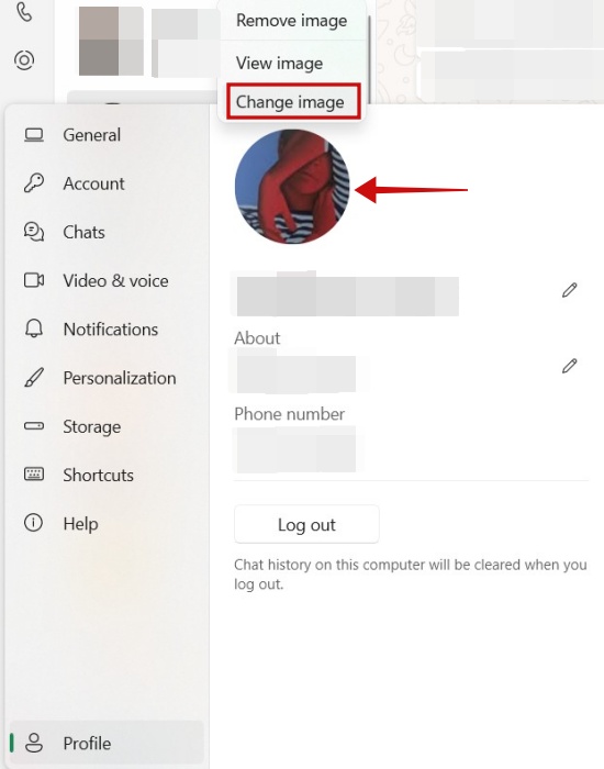 Opting to "Change image" for profile picture in WhatsApp desktop client.