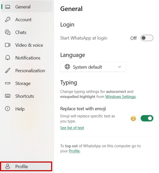 Selecting "Profile" in WhatsApp desktop client.
