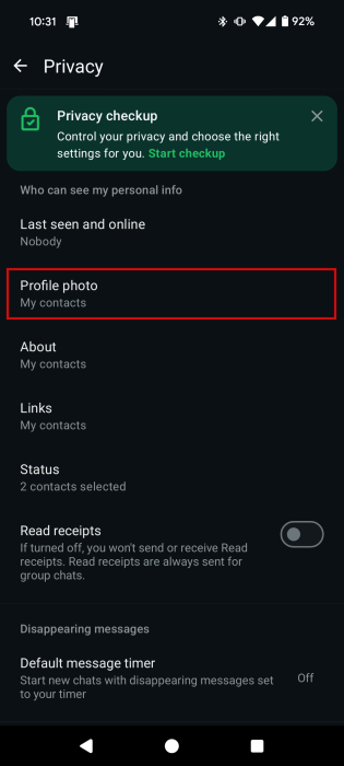 Selecting "Profile photo" option in WhatsApp privacy settings on Android. s