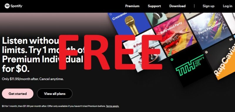 Spotify premium plan site with Free across it.