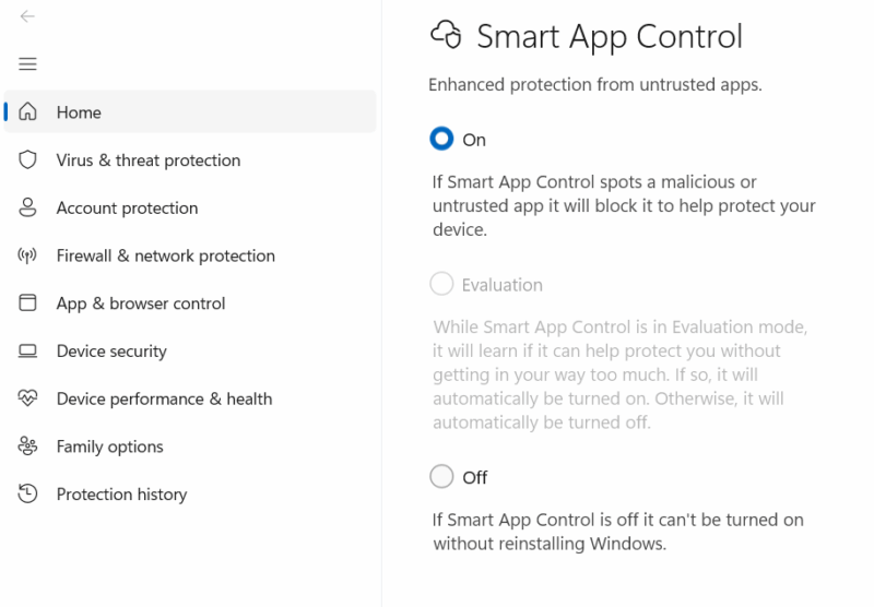 Smart App Control main interface in Windows Security app