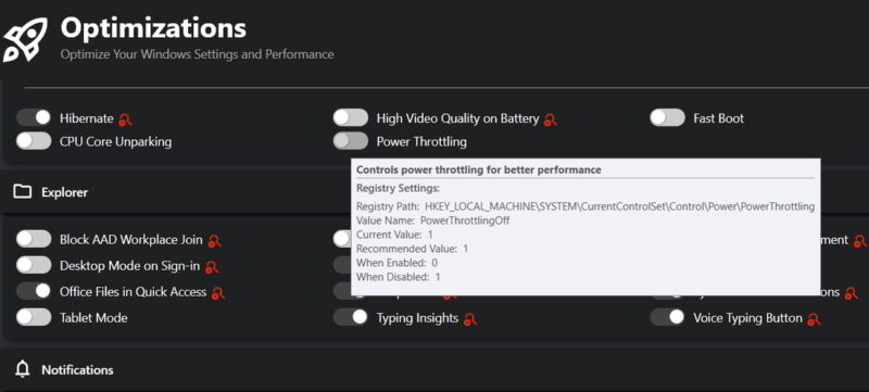 Winhance Optimizations page with details showing