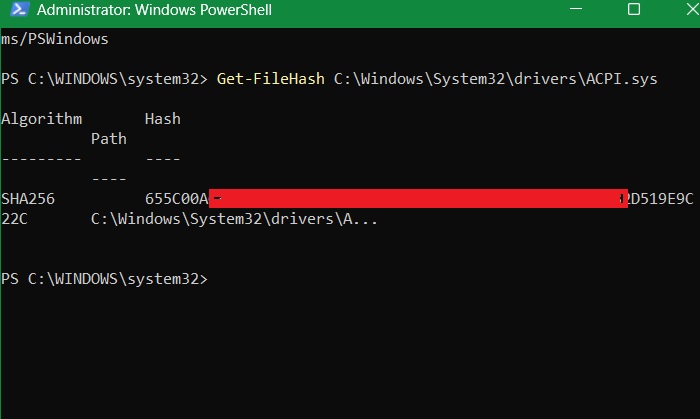Checking ACPI's file hash in PowerShell in administrator mode.