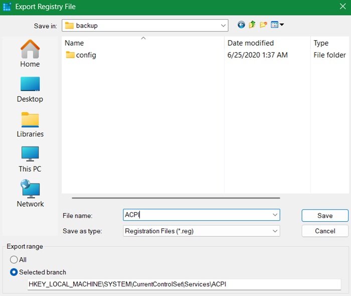 Saving ACPI.sys registry file to a local folder on Windows PC named "Backup."