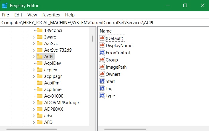 Registry Location of ACPI.sys file with detailed path.