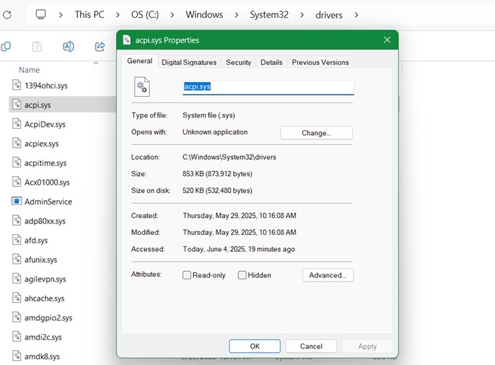 The location of the ACPI.sys file in System32 folder along with its Properties.