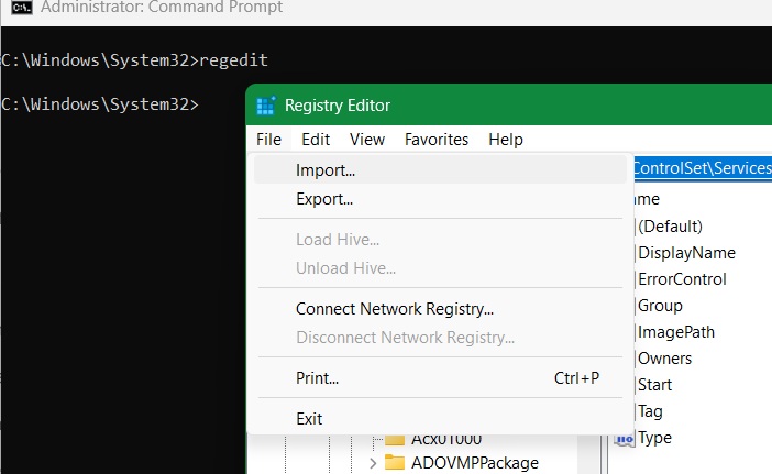 Use Registry "Import" to enter an ACPI.sys backup using the command prompt.
