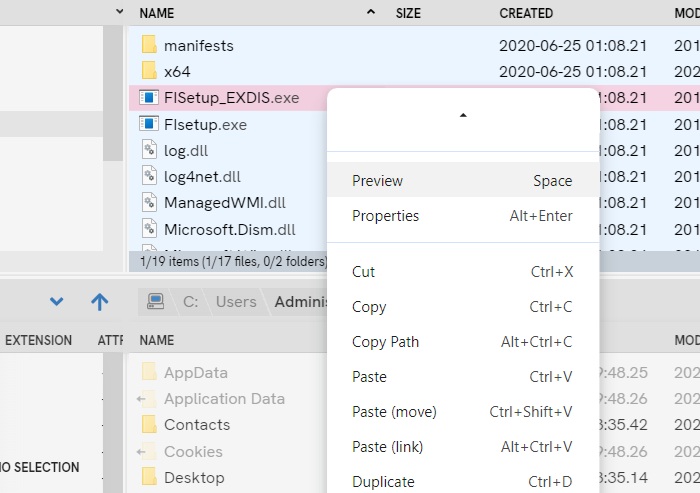 List of keyboard shortcuts in Fileside.