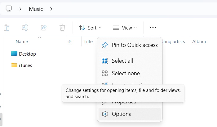 Choosing "Options" in File Explorer from the three-dot menu.