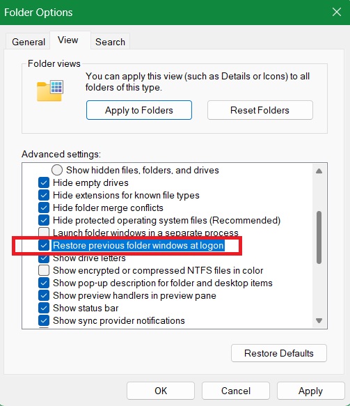 Enabling the "Restore previous folder windows at logoin" in File Explorer Folder Options.