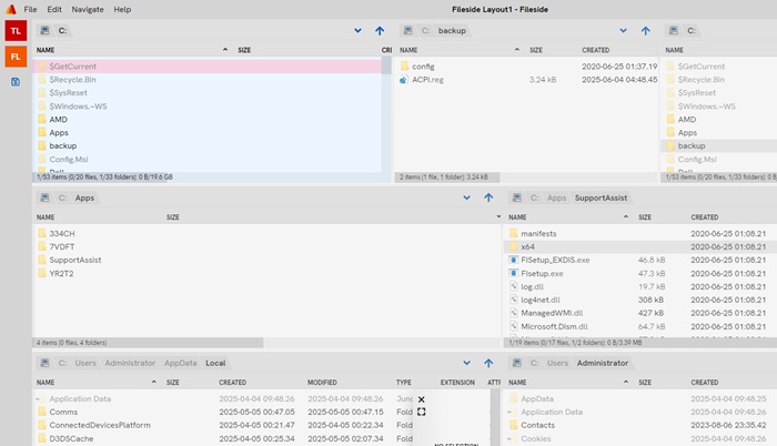 The multiple panes of Fileside visible horizontally and vertically.