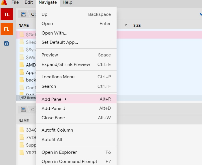 Add or close panes in Fileside from the "Navigate" menu.