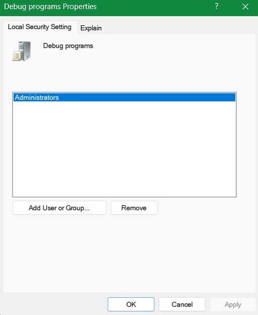 Debug Programs setting is enabled by default on your device.