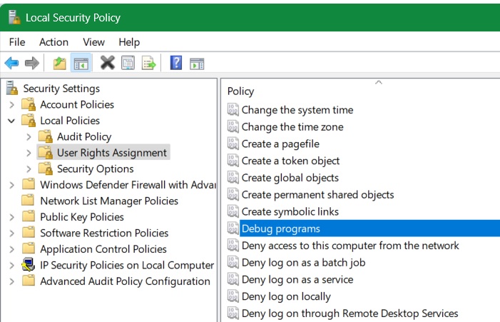 Double-click on Debug programs under Local Policies --> User Rights Assignment.