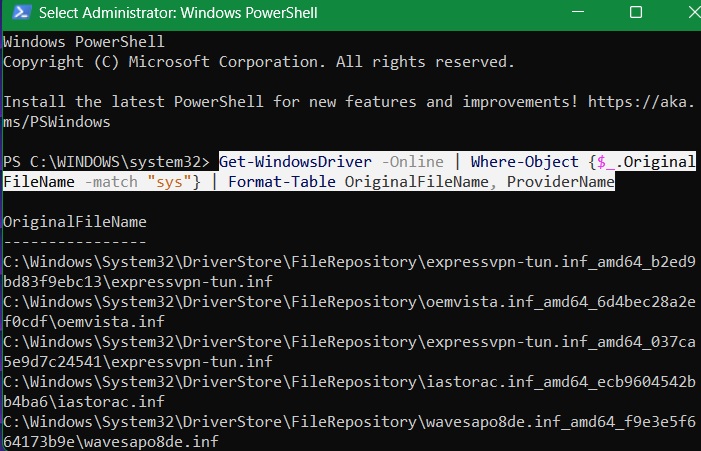 Get a list of System32 drivers in PowerShell elevated mode.