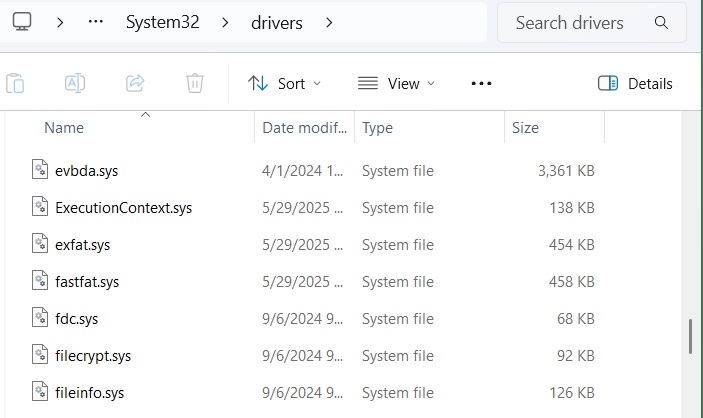 Checking the list of System32 drivers.