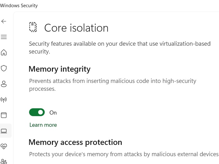 Memory Integrity is enabled under Core isolation in Windows Security.