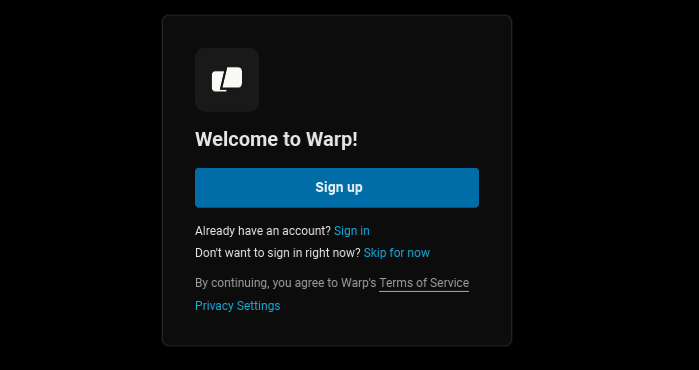 Logging In Page Of Warp Terminal